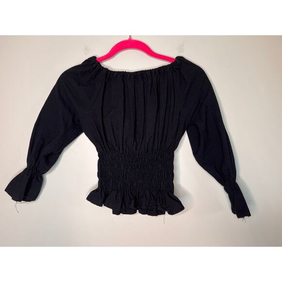 1970s Embroidered Sunflowers Hippie Boho Mexican Smocked Off Shoulder Shirt S - Picture 6 of 6